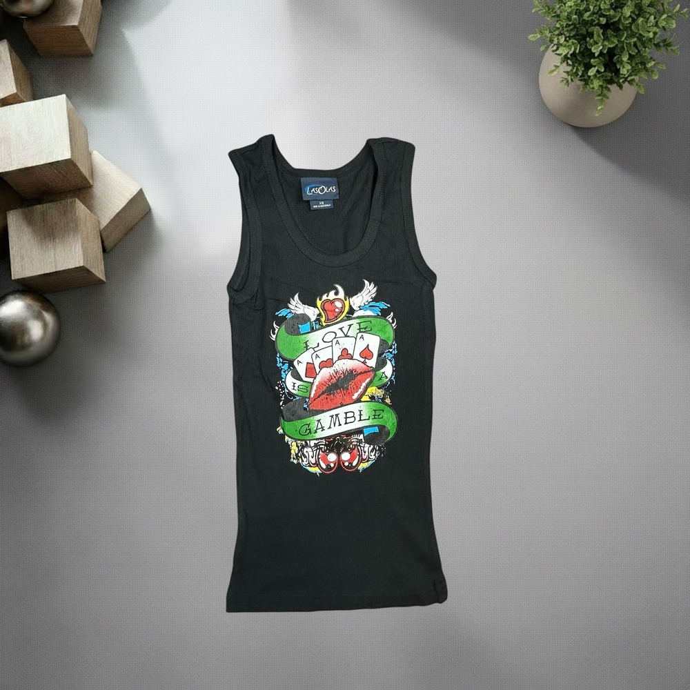 Las Olas Y2K Tattoo Graphic Ribbed Tank Top Black‎ Love Is A Gamble XS
